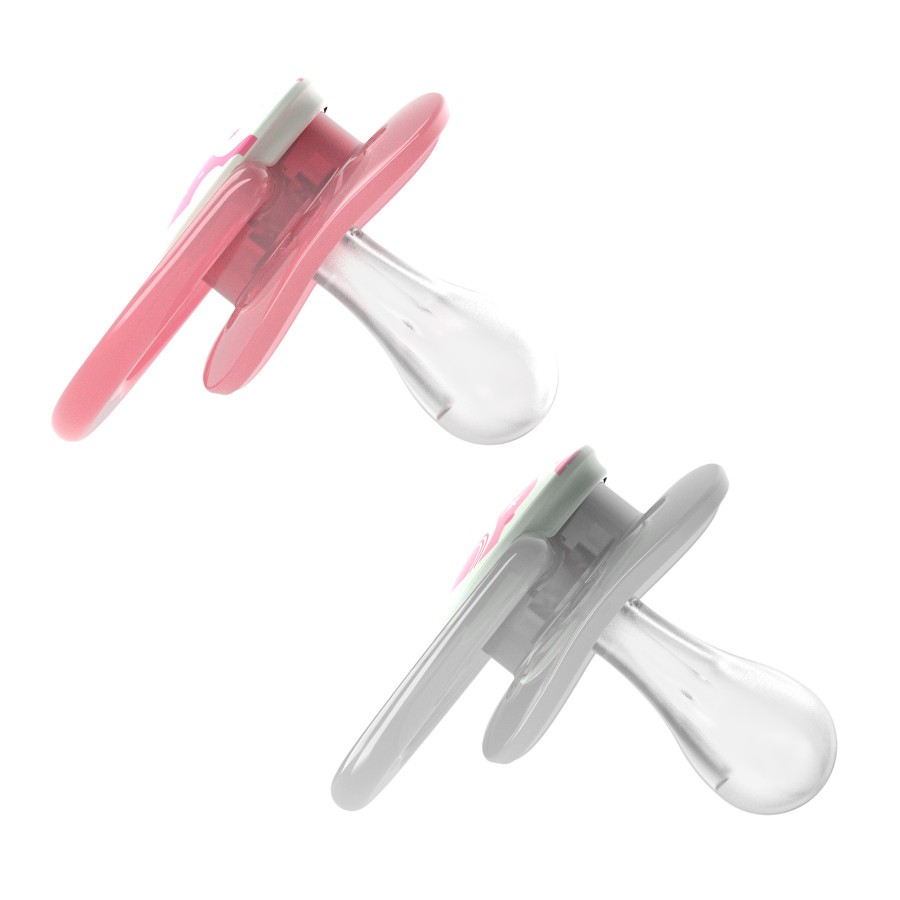 PA12003_Product_Advantage_Pacifier_Stage_1_Pink_Glow_in_the_Dark_3 Product image of two glow-in-the-dark pink pacifiers