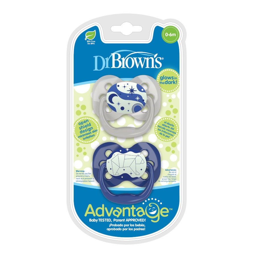 PA12004_Advantage_Pacifier_Stage_1_Blue_Glow-in-the-Dark_2-pack Product image of two glow-in-the-dark blue pacifiers