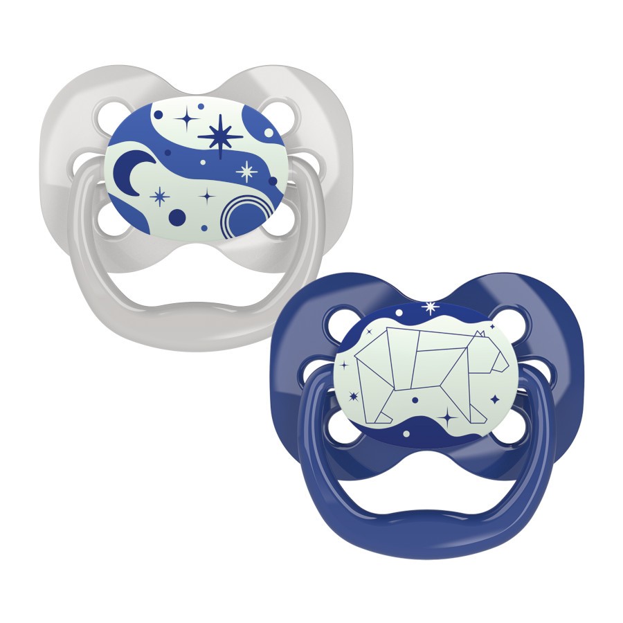 PA12004_Product_Advantave_Pacifier_Stage_1_Blue_Glow_in_the_Dark_1 Product image of two glow-in-the-dark blue pacifiers