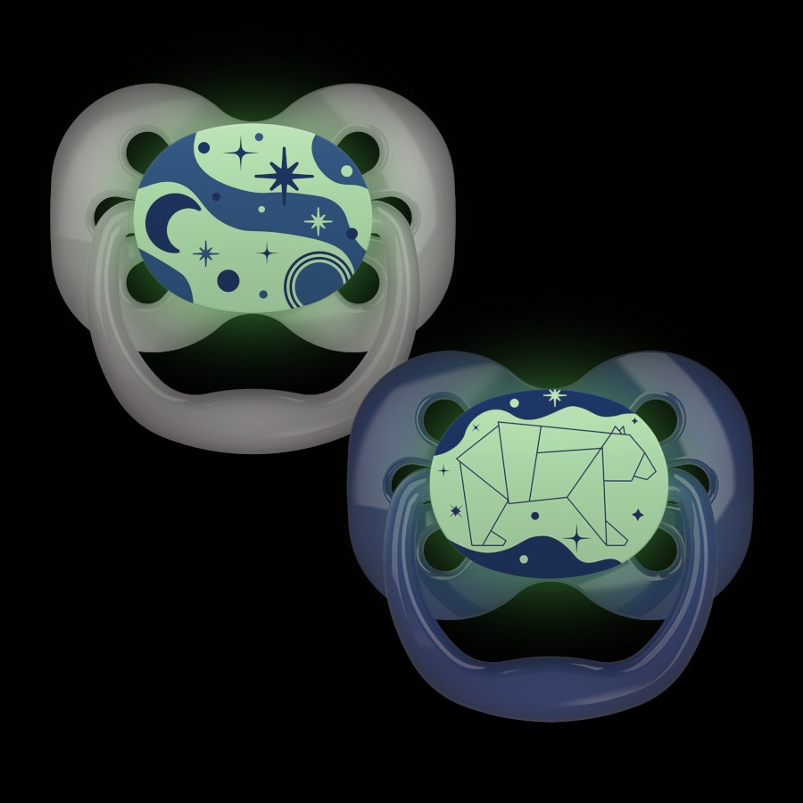 PA12004_Product_Advantave_Pacifier_Stage_1_Blue_Glow_in_the_Dark_2 Product image of two glow-in-the-dark blue pacifiers