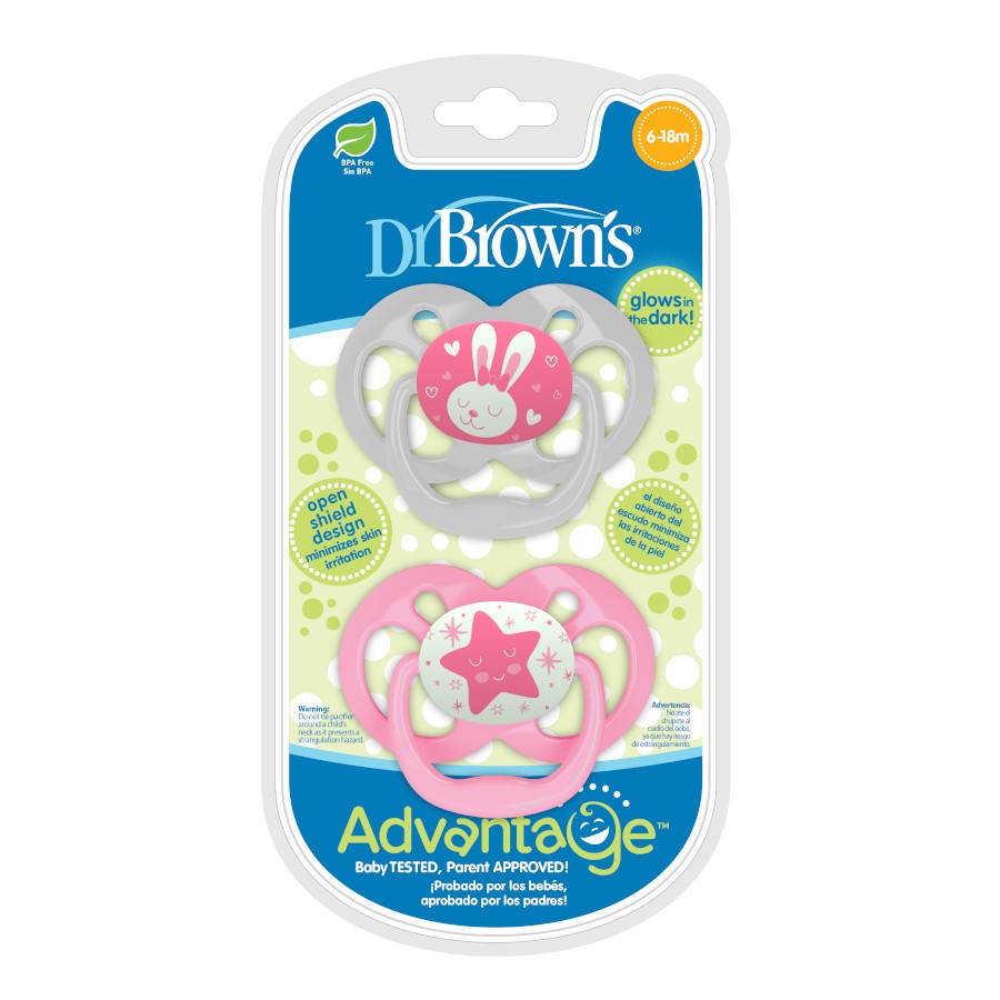 PA22003_Pkg_F_Advantage_Pacifier_Stage_2_Pink_Glow-in-the-Dark_2-pack Product image of two glow-in-the-dark pink pacifiers