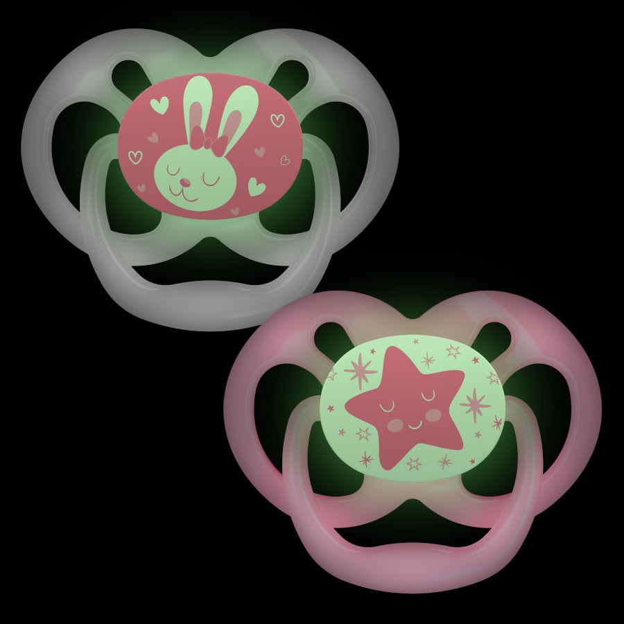 PA22003_Product_Advantage_Pacifier_Stage_2_Pink_Glow_in_the_Dark_2 Product image of two glow-in-the-dark pink pacifiers