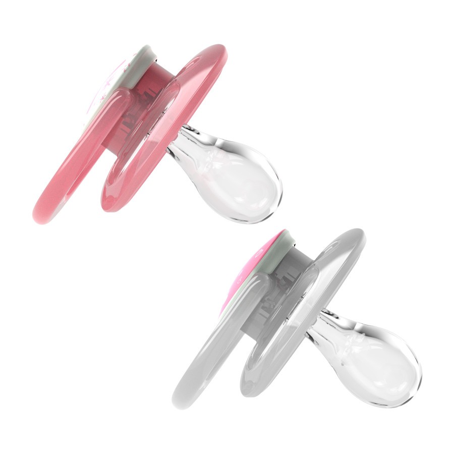 PA22003_Product_Advantage_Pacifier_Stage_2_Pink_Glow_in_the_Dark_3 Product image of two glow-in-the-dark pink pacifiers