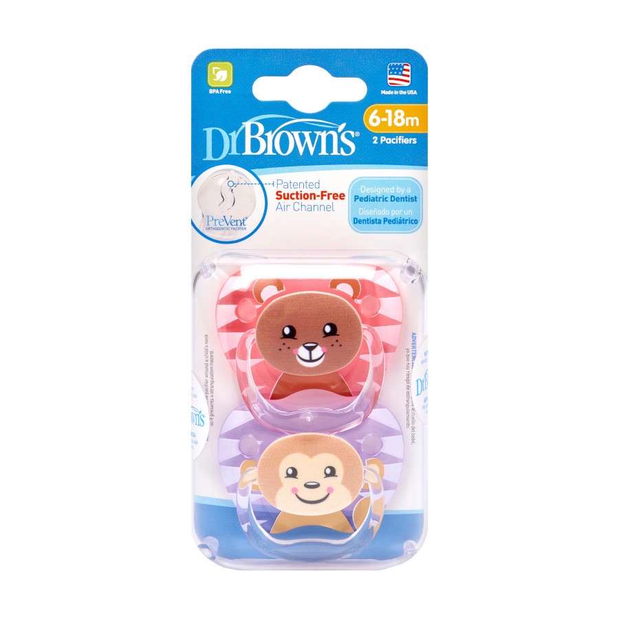 Up close image of pink and purple pacifiers in packaging