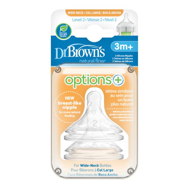 Package of Dr. Brown's Options+ Wide-Neck Bottle Nipple, Level 2 (3m+, Medium Flow), 2 Count